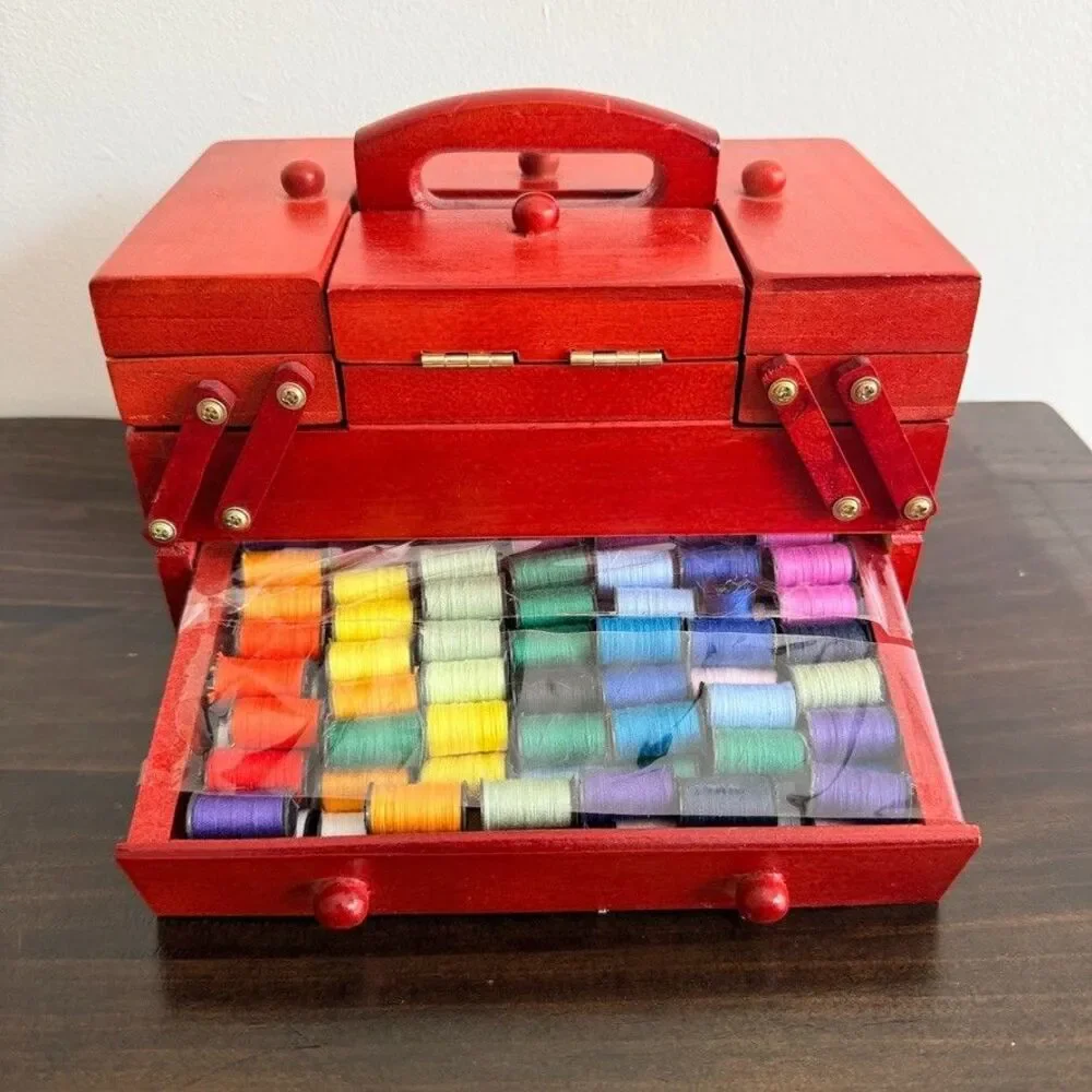 Vintage Red Wooden 2 Tier Cantilever/Accordion Sewing Kit w/feet includes thread